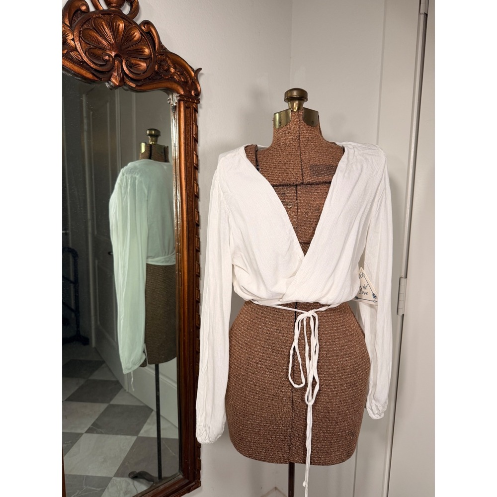 Wild Love White Gauze Wrap Top Long Sleeve V-Neck Boho Tie Waist XL